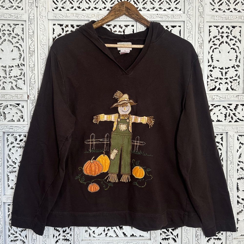 Vintage Scarecrow Fall Themed Chocolate Brown‎ Hoodie Sz XL